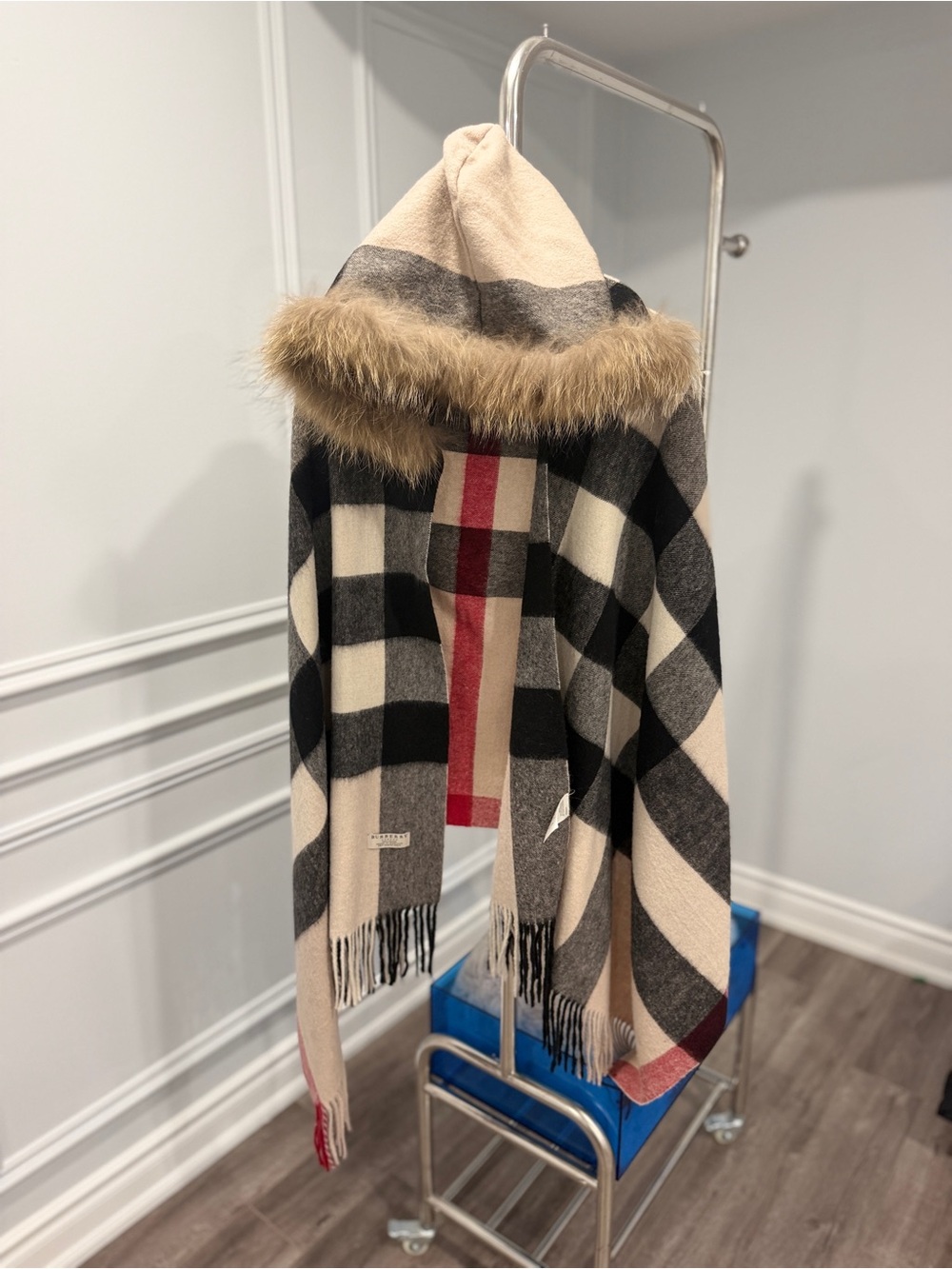 Beige Plaid Hooded Coat with Faux Fur Trim